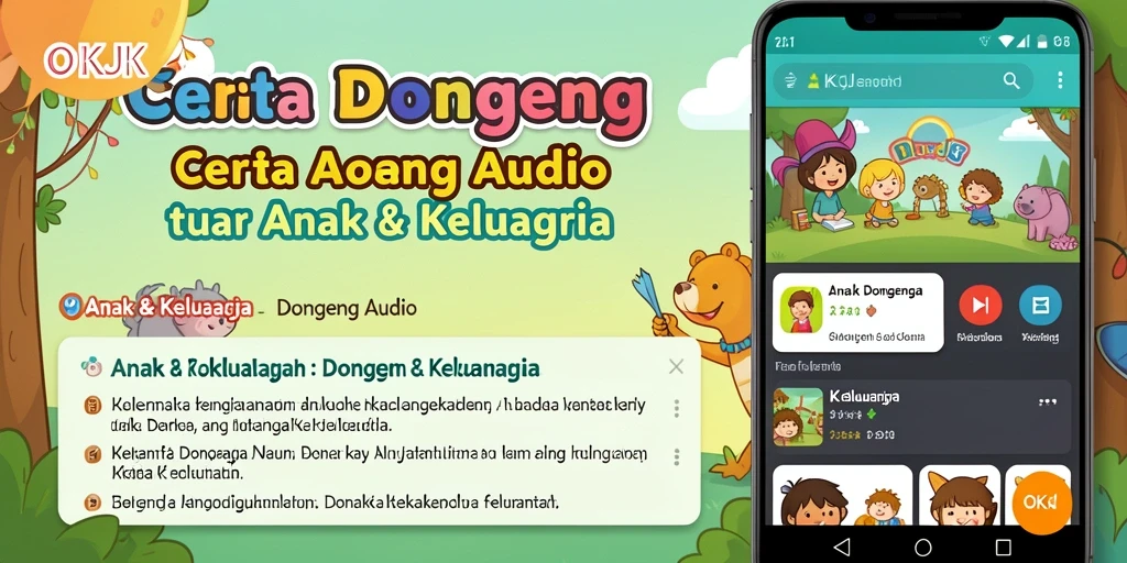 Tampilan antarmuka OKJK dengan kategori dongeng audio yang beragam.
