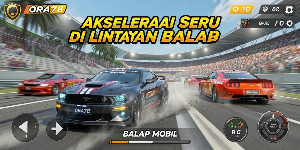 Antarmuka permainan ORA78 dengan mobil balap yang menarik.